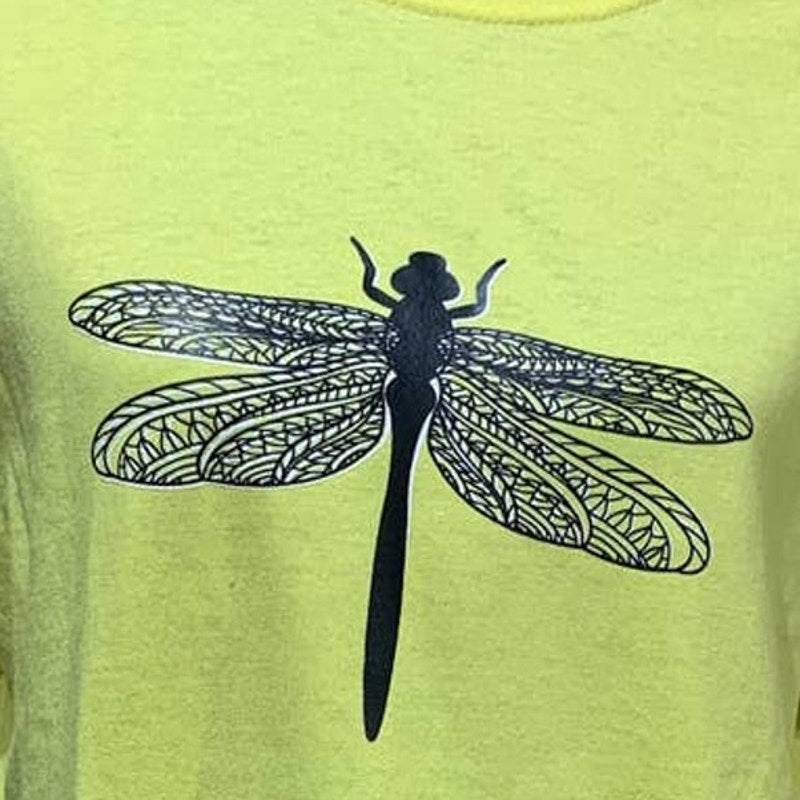 New Hand Printed Womens Medium Dragonfly Short Sleeve Cotton Blend Tee