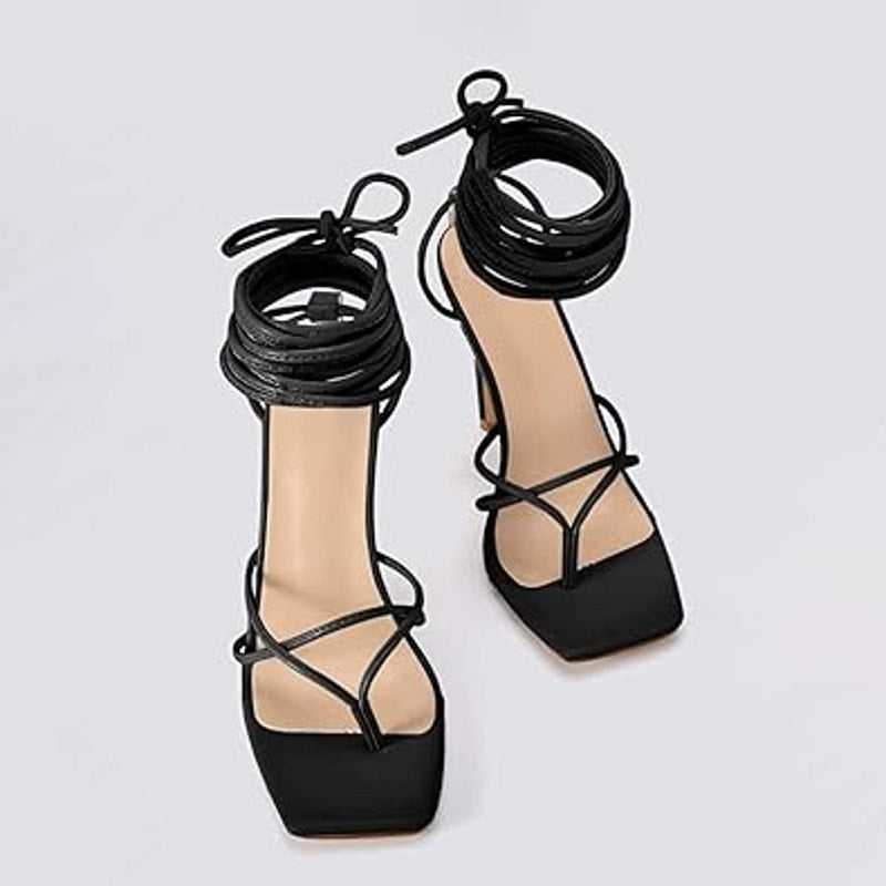 PiePieBuy Womens Size 9 Black Lace Up 4.5" Heel Strappy Ankle Wrap Sandal Shoes