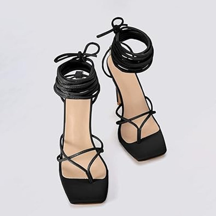 PiePieBuy Womens Size 9 Black Lace Up 4.5" Heel Strappy Ankle Wrap Sandal Shoes