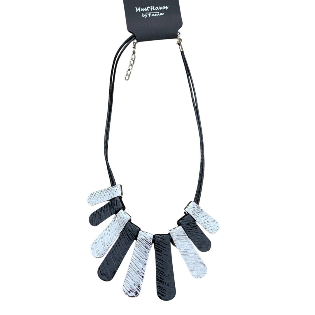 New Silver Black Metal Gladiator Tab Leather Corded Statement Necklace Gift Box