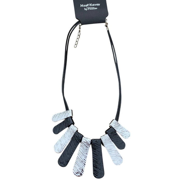 New Silver Black Metal Gladiator Tab Leather Corded Statement Necklace Gift Box