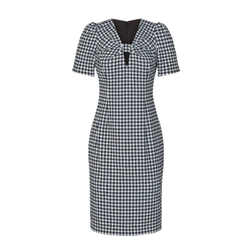 Badgley Mischka Size 2 Black White Houndstooth Twist Bow Neck Knee Length Dress
