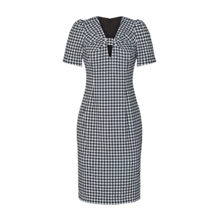 Badgley Mischka Size 2 Black White Houndstooth Twist Bow Neck Knee Length Dress