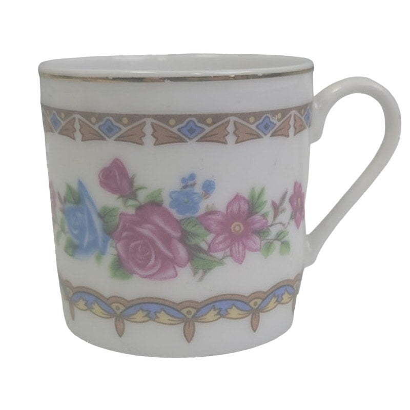 Vintage Made In China Ceramic Gold Rim Floral Pink Blue Rose Teacup Saucer Set
