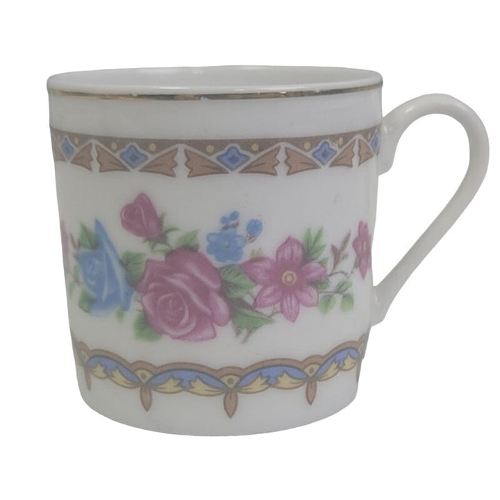 Vintage Made In China Ceramic Gold Rim Floral Pink Blue Rose Teacup Saucer Set