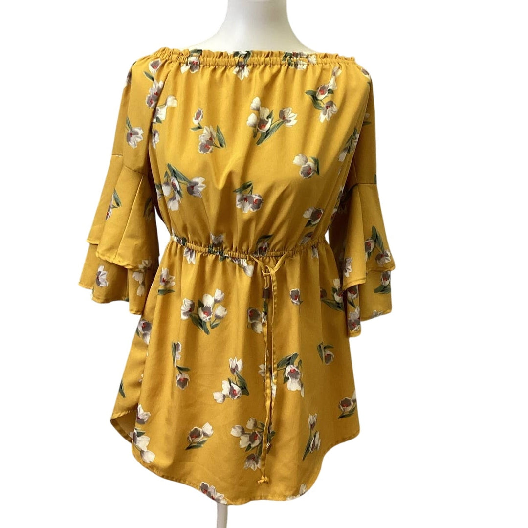 Blush Large Ruffled Bell Sleeve Yellow Floral Belted Elastic Cinched Waist Dress