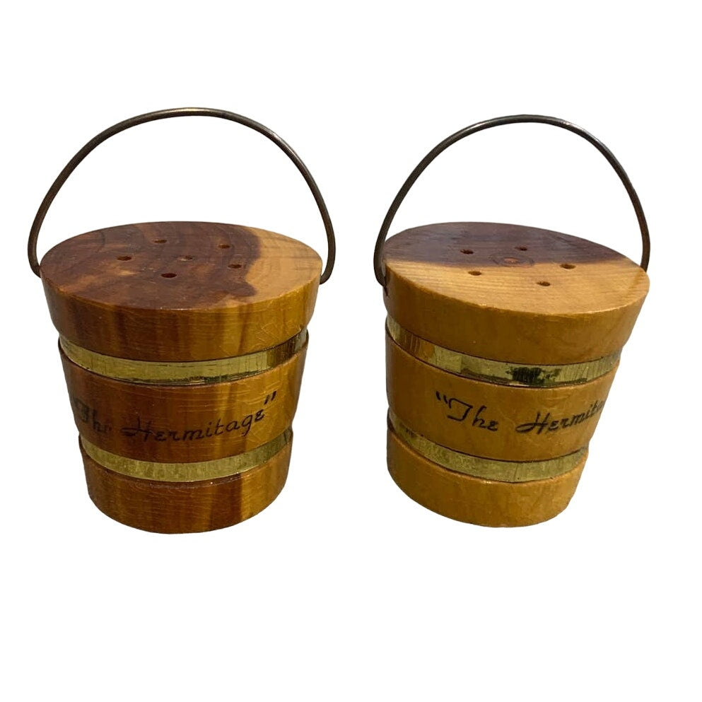 Vintage The Hermitage Wooden Buckets w Handles Salt Pepper Shakers