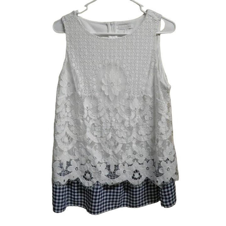Charter Club Womens Medium White Floral Sleeveless Lace Overlay Gingham Blouse