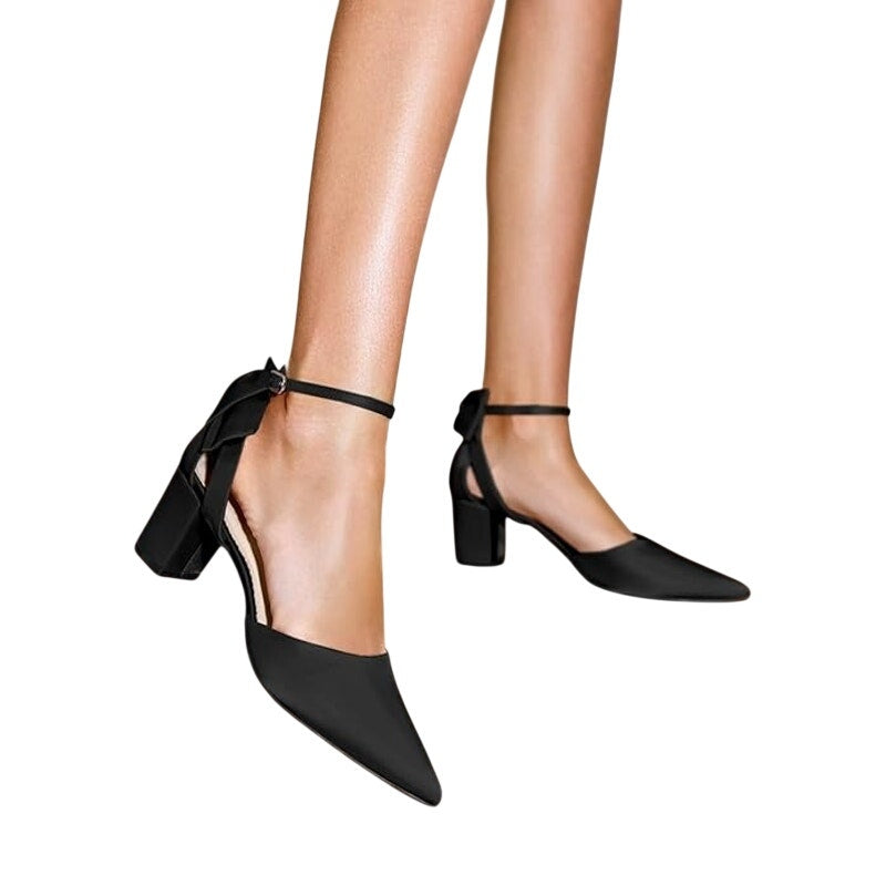 Coutgo Womens 8 Black 2.5" Chunky Heel Pointed Toe Ankle Strap Back Bow Shoes