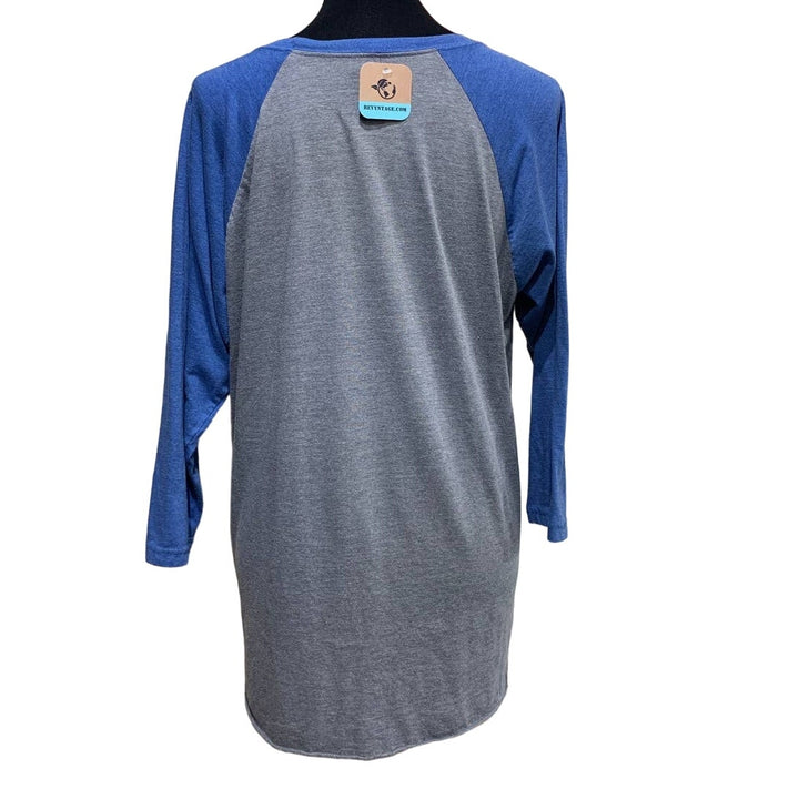 Upcycled Hand Printed Womens Large Blue Jay Bird Long Sleeve Baseball Tee