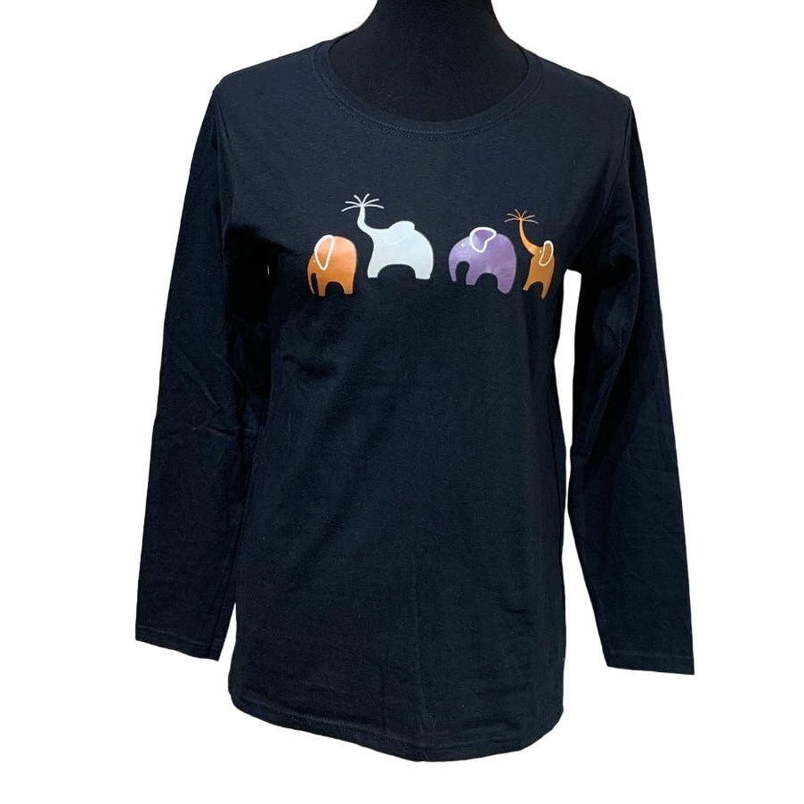 New Hand Printed Medium Happy Elephant Family Cotton Blend Crew Neck T-Shirt