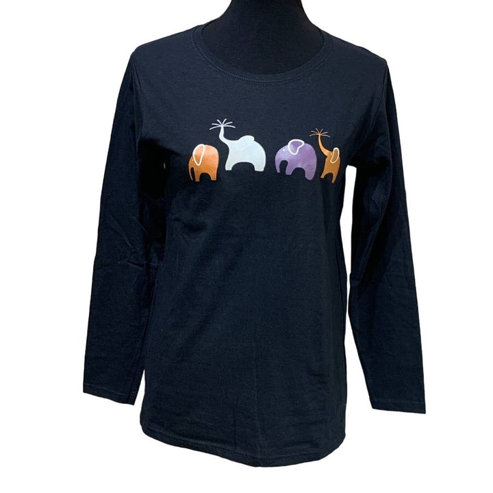 New Hand Printed Medium Happy Elephant Family Cotton Blend Crew Neck T-Shirt