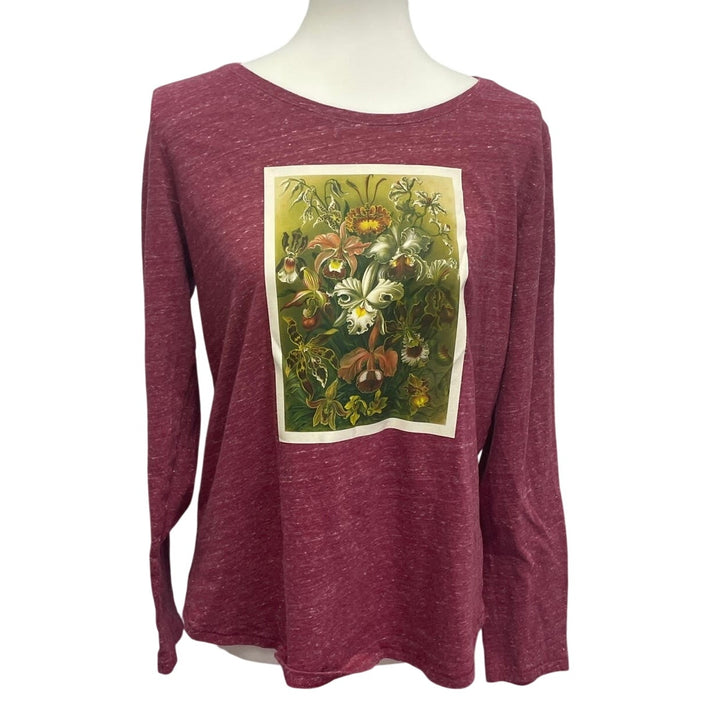 Hand Printed Upcycled Large Vintage Botanical Flower Long Sleeve Tee Shirt