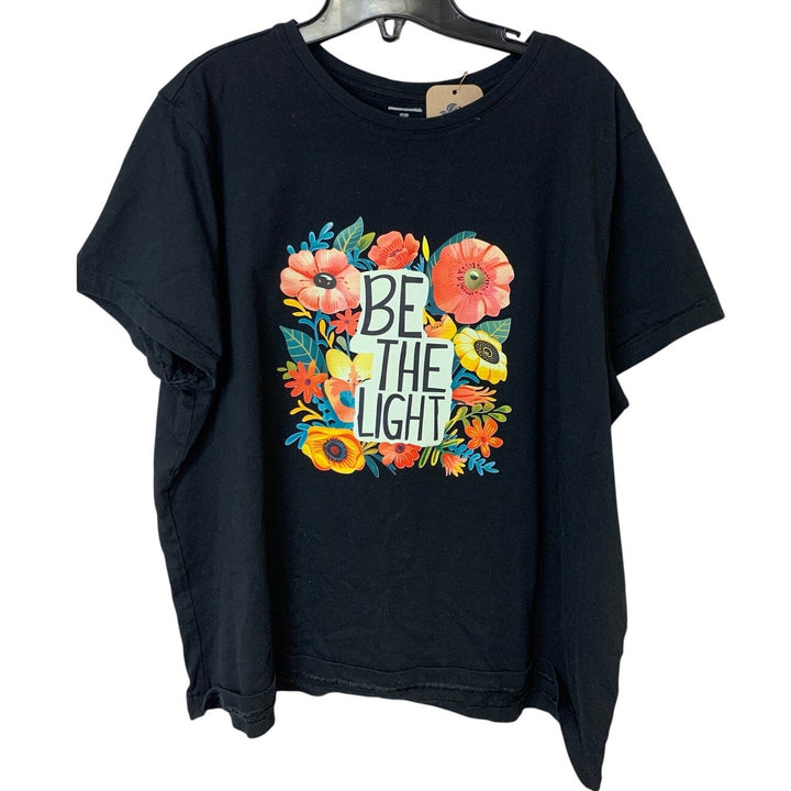 Upcycled Hand Printed Womens XXL Be The Light Floral Short Sleeve Tee Shirt