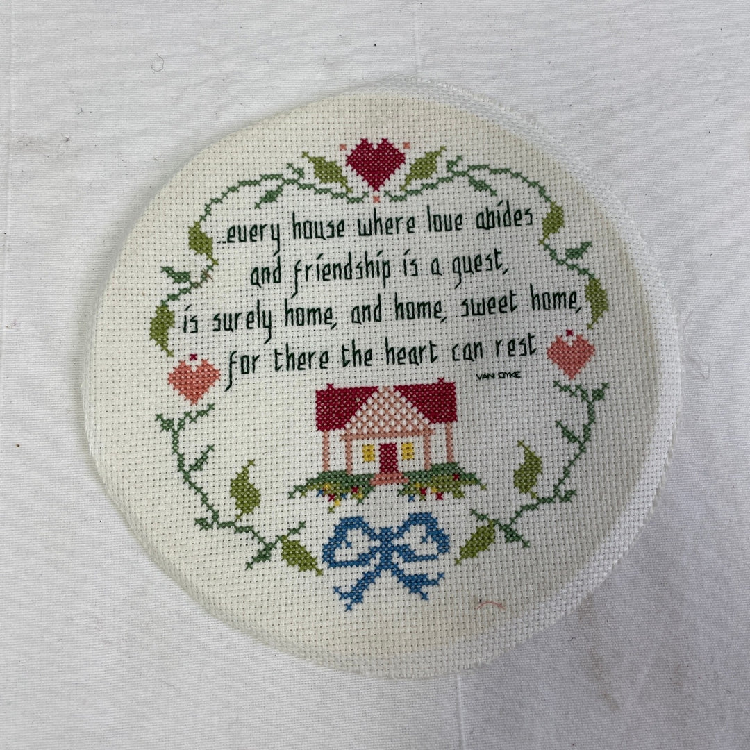 3 Handmade Vintage Counted Cross Stitch Heart Home Friends Ready to Frame Art