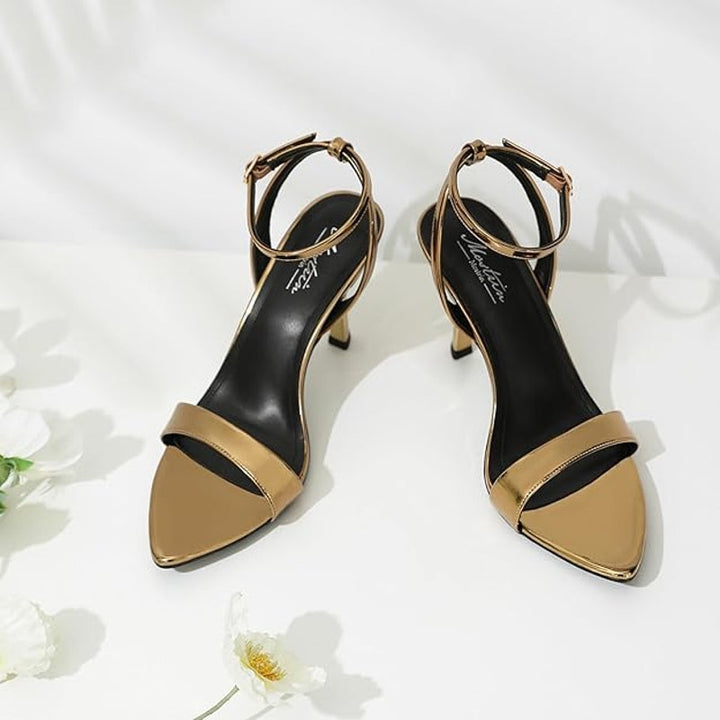Mostrin Womens Size 7 Shiny Gold 4" Heel Open Toe Ankle Strap Sandal Shoes