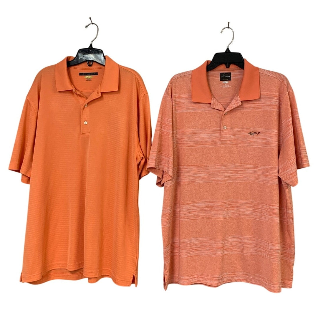 Lot of 2 Greg Norman Mens XL Play Dry Orange Striped Short Sleeve Polo Shirt EUC