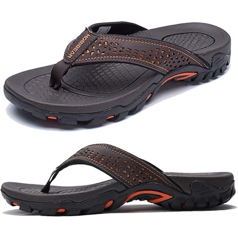 Hobibear Mens Size 14 Brown Orange Faux Leather Strap Thong Flip Flop Sandals