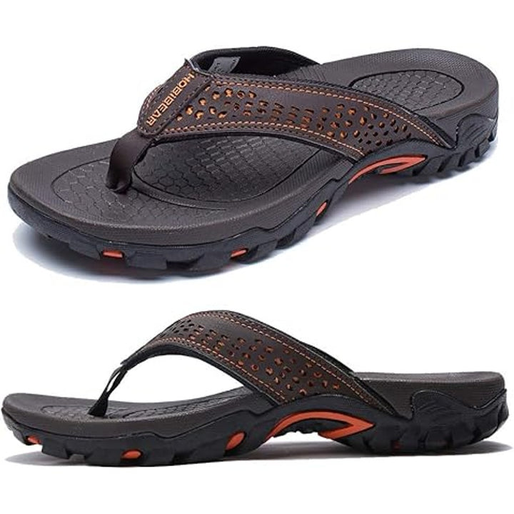 Hobibear Mens Size 14 Brown Orange Faux Leather Strap Thong Flip Flop Sandals