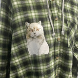 New Hand Printed Womens Small Gray Kitten Cat Long Sleeve Plaid Flannel Hoodie