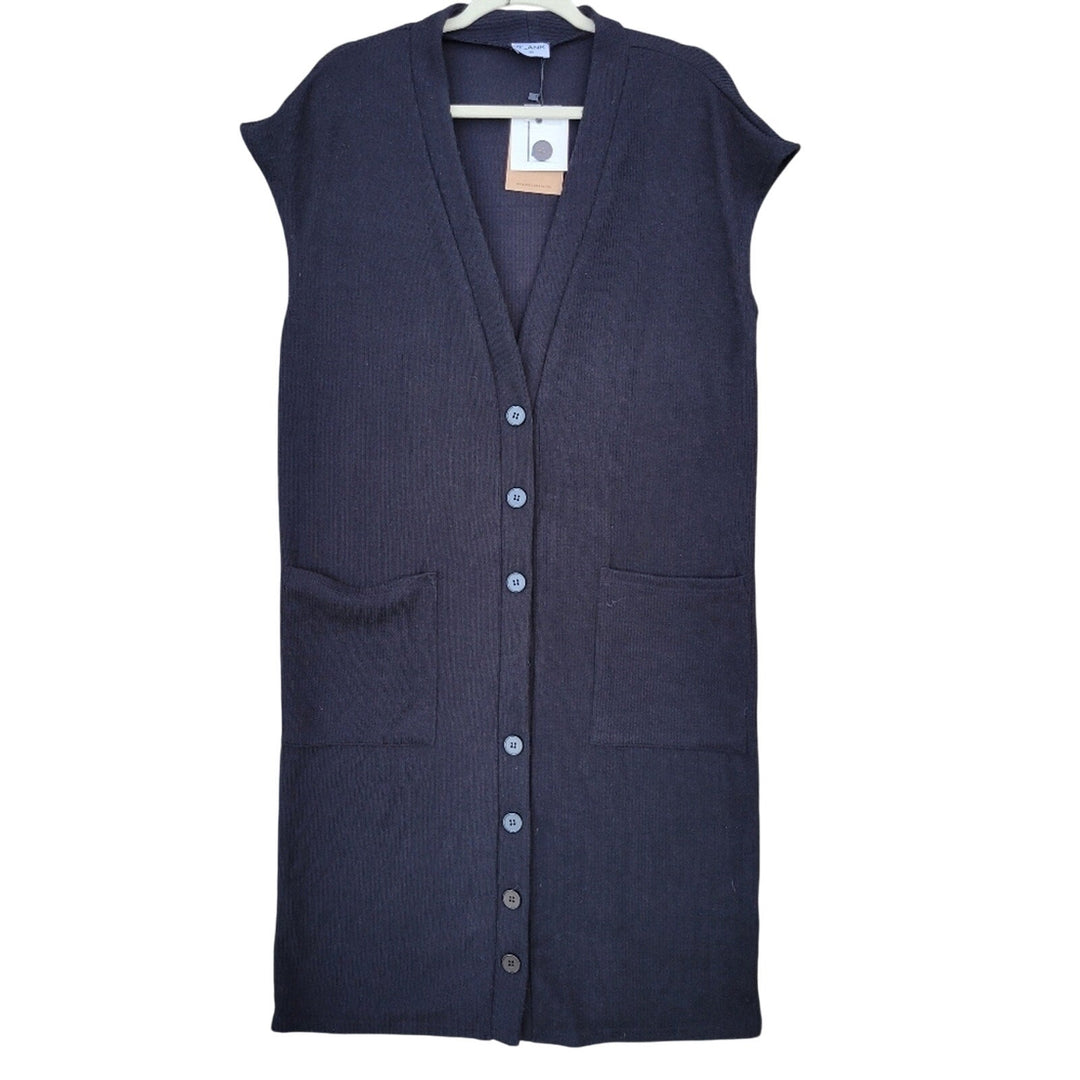 NWT New Blank Womens Medium Black Button Up Sleeveless Ribbed Cardigan Duster