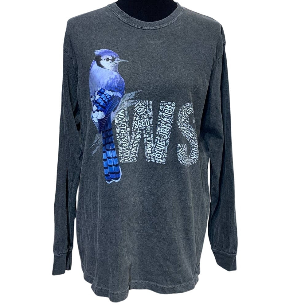Wingspan Inspired Medium Blue Jay Bird Hand Printed Upcycled Long Sleeve Tee