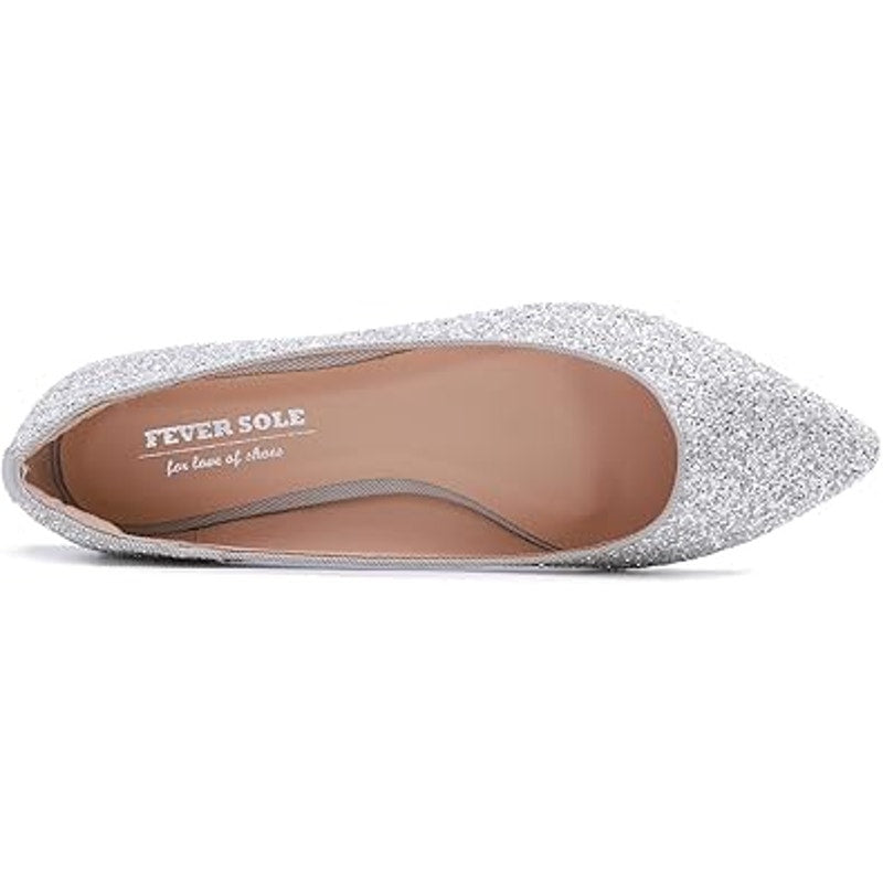 New Fever Sole Womens 7 Silver Glitter Pointed Toe Slip On Ballet Flat Shoes