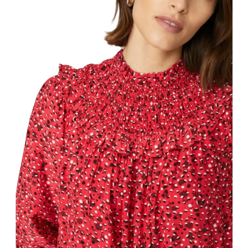 Scotch &amp; Soda Womens XL Red Floral Crepe Long Sleeve Smocked Cottage Shift Dress