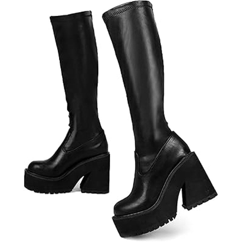 Aminugal Womens Size 10 Black Faux Leather Elastic Knee High Platform Boot Shoes