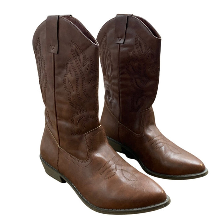 Womens Size 10 Brown Faux Leather 1.5" Block Heel Pull On Western Cowboy Boots