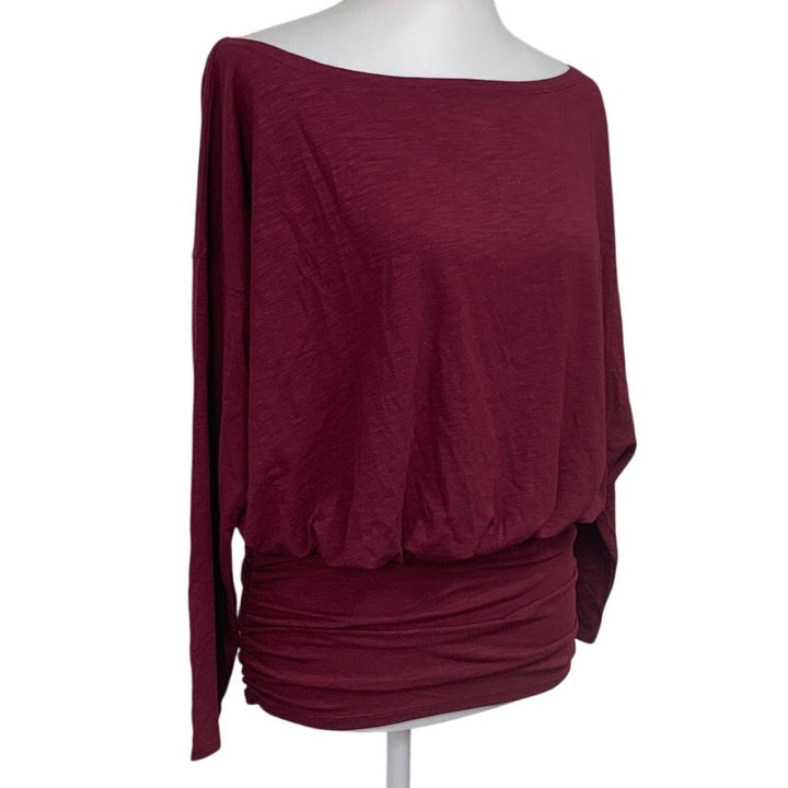 New Aerie Womens Small Long Sleeve Boat Neck Ruched Heathered Berry Top