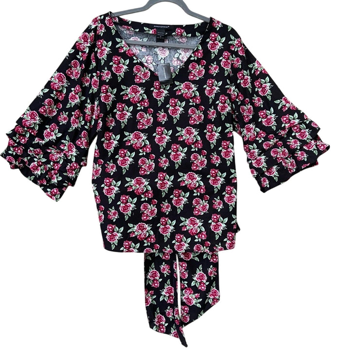 NWT New Ashley Stewart Womens Size 12 Floral Back Tie Tiered Half Sleeve Top