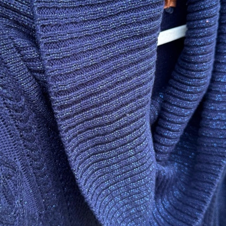 Belldini Womens Small Navy Blue Metalic Long Sleeve Cowl Neck Knit Sweater
