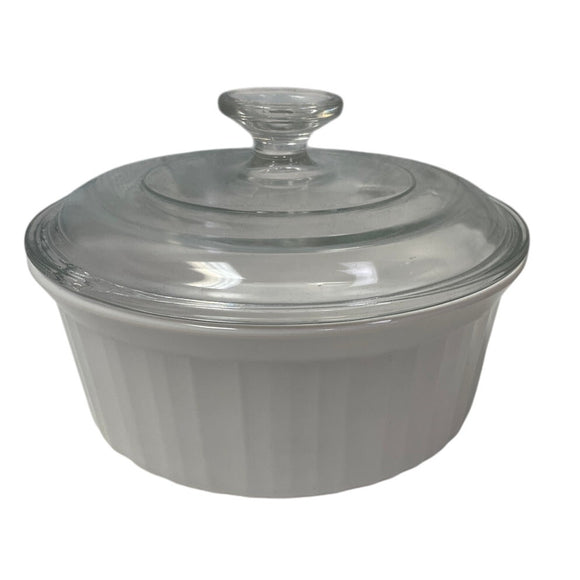 Corningware F-5-B 1.6 Liter Made In USA Round Ceramic DIsh Bowl w Glass Lid