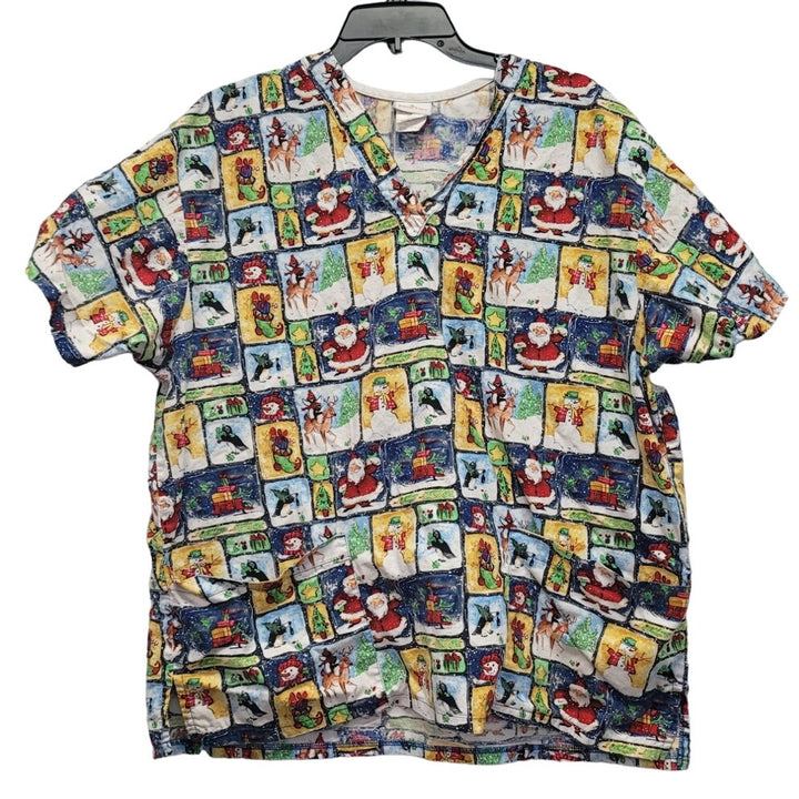 Peaches Womens XL Holiday Christmas 100% Cotton Short Sleeve V Neck Scrub Top