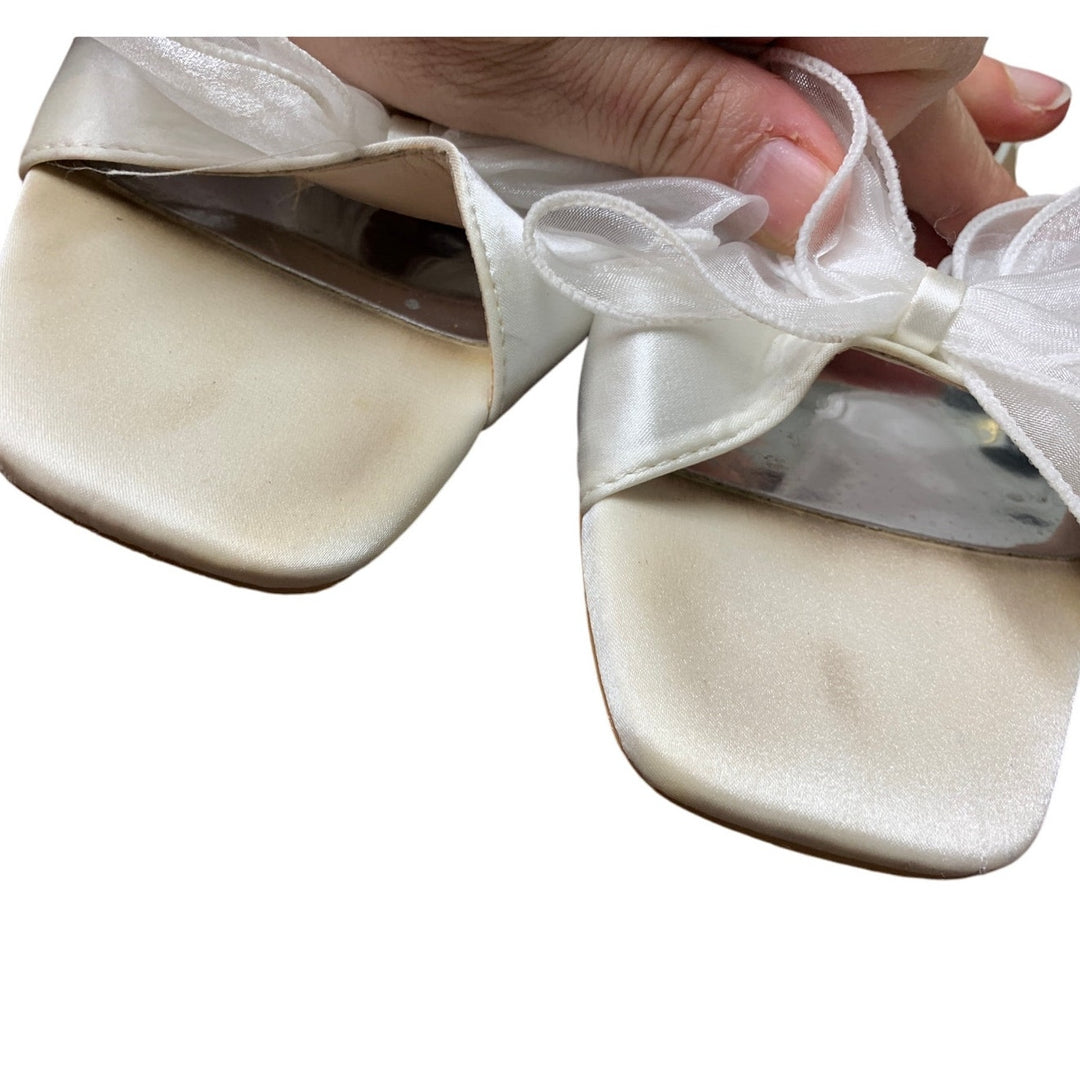 Coutgo Womens Size 9 Ivory White Ribbon Bow 2.5" Heel Open Toe Ankle Strap Shoes