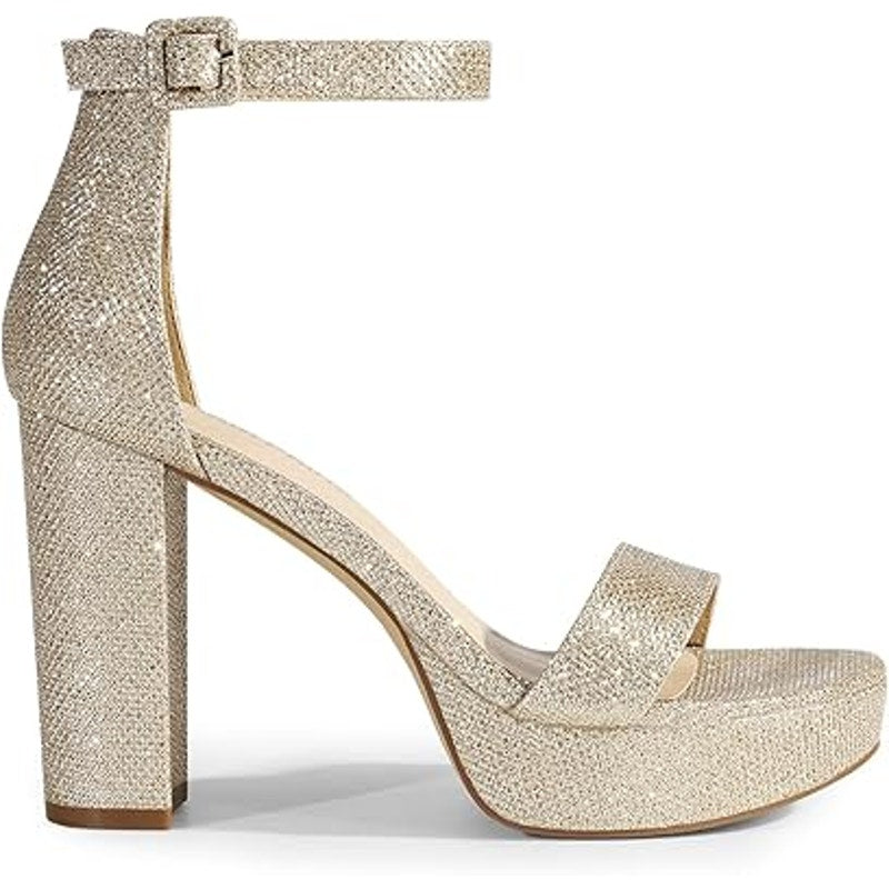 New Dream Pairs Womens 7.5 Gold Glitter Open Toe 4" Block Heel Ankle Strap Shoes