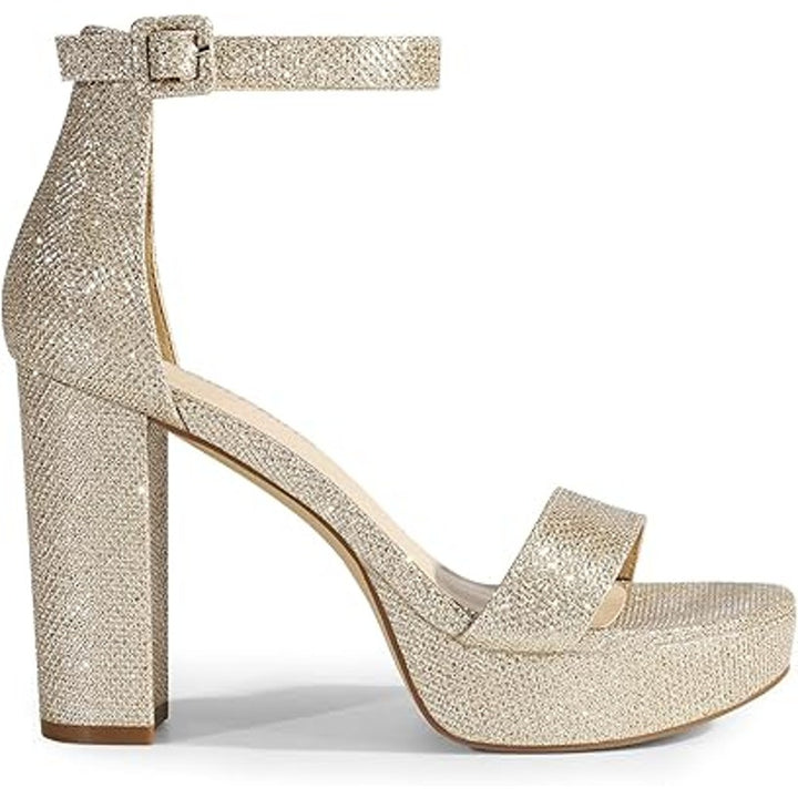 New Dream Pairs Womens 7.5 Gold Glitter Open Toe 4" Block Heel Ankle Strap Shoes
