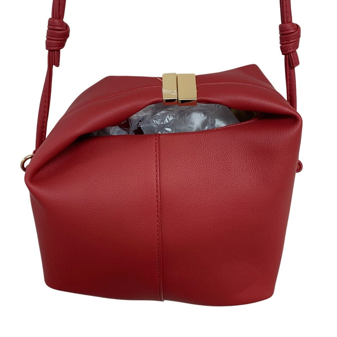New Red Magnetic Slide Latch Cross Body Faux Leather Bag w Chain Handle