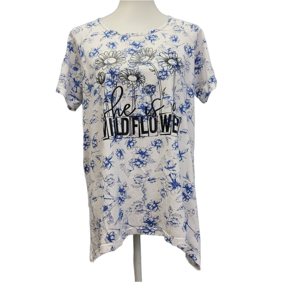 Hand Printed Upcycled Womens XL She Is A Wildflower Floral Flowing Cotton Tee