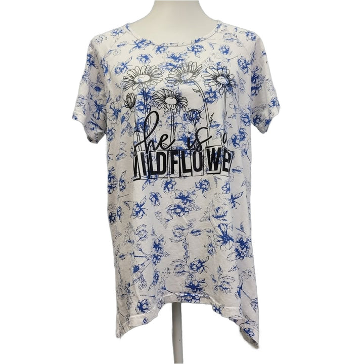 Hand Printed Upcycled Womens XL She Is A Wildflower Floral Flowing Cotton Tee