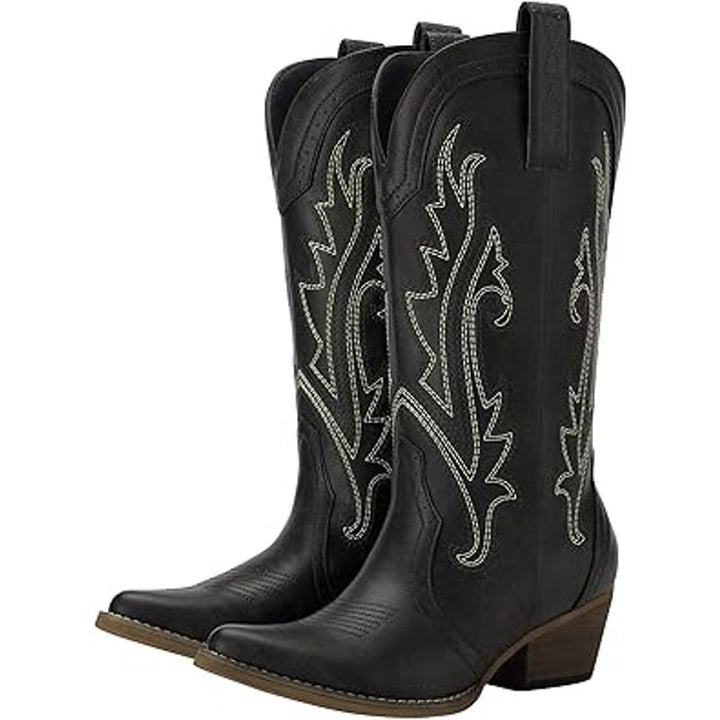 Rollda Womens Size 7 Black Faux Leather 2" Block Heel Western Cowboy Boots Shoes