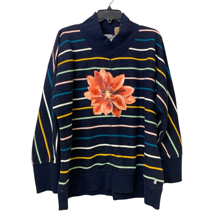 Upcycled Hand Printed Womens Size XL Poinsettia Red Flower Striped Sweatshirt