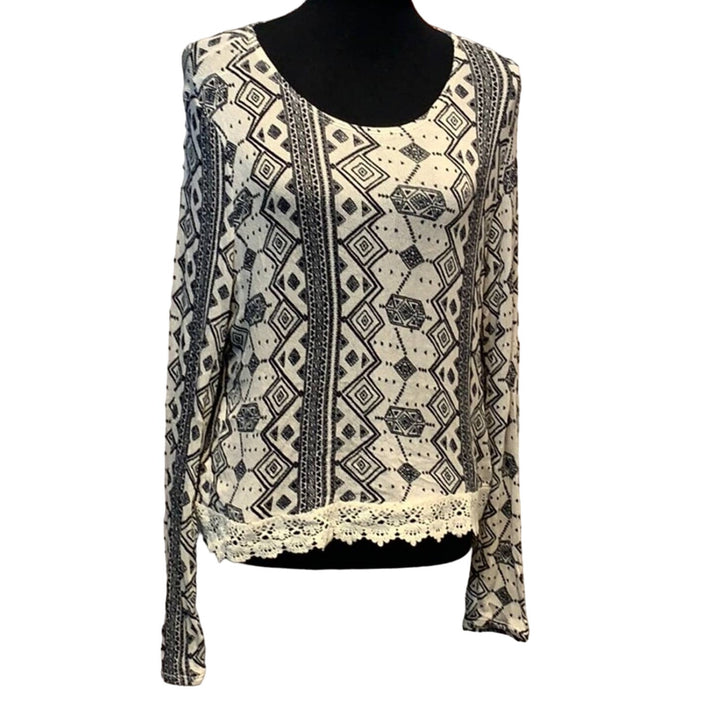 Divided H&amp;M Womens Large Aztec Print Long Sleeve Lace Detail Scoop Neck Top