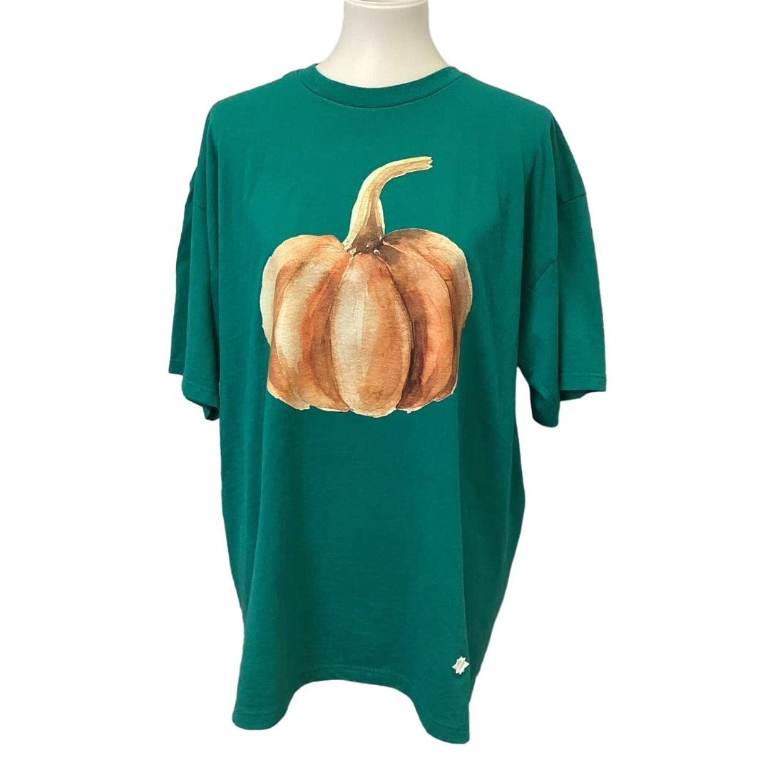 Hand Printed Large Upcycled Short Sleeve Giant Fall Pumpkin PolyCotton Tee Shirt
