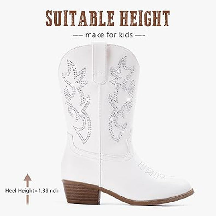 Laurmosa GIrls Size 6 White Faux Leather Silver Sparkle 1.5" Heel Cowboy Boots