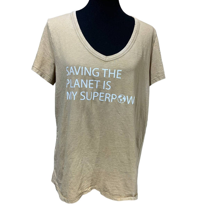 Hand Printed Upcycled Large Saving the Planet is My Superpower Distressed Tee
