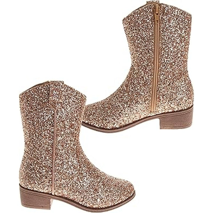 New Josmo Big Girls 4 Rose Gold Glitter Mid Calf 1.5" Heel Zip Cowboy Boot Shoes