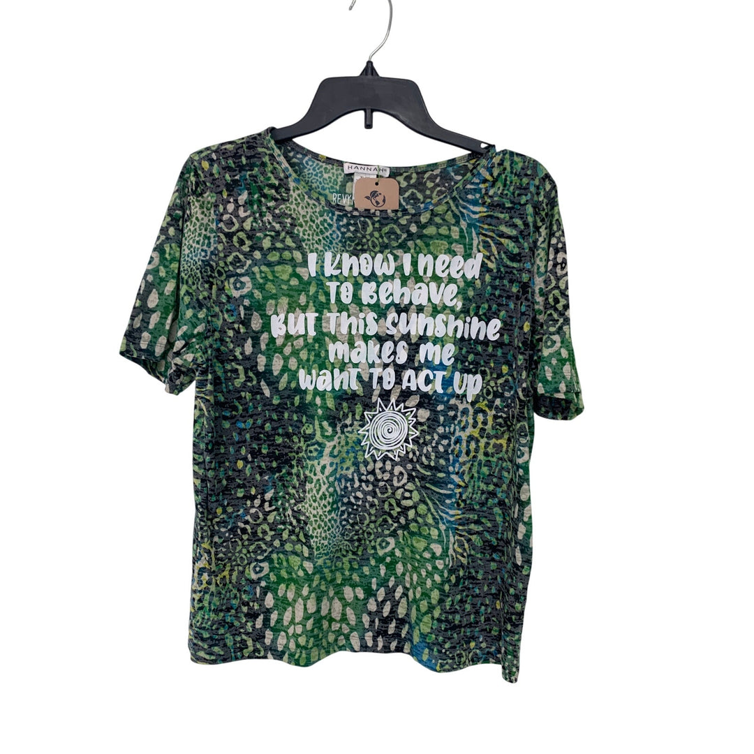 Upcycled Hand Printed Womens XL Need To Behave Sunshine Summer Crew Neck Tee