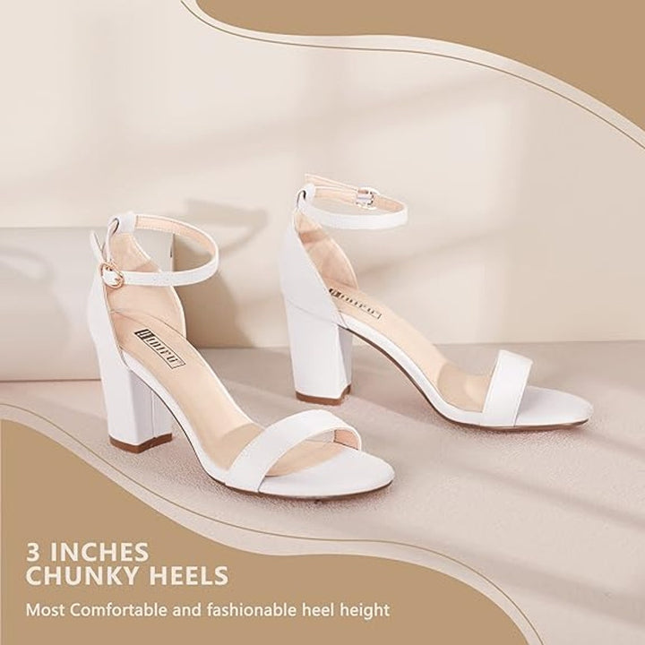 Idifu Womens 7.5 White 3" Block Heels Ankle Strap Open Toe Sandals Wedding Shoes